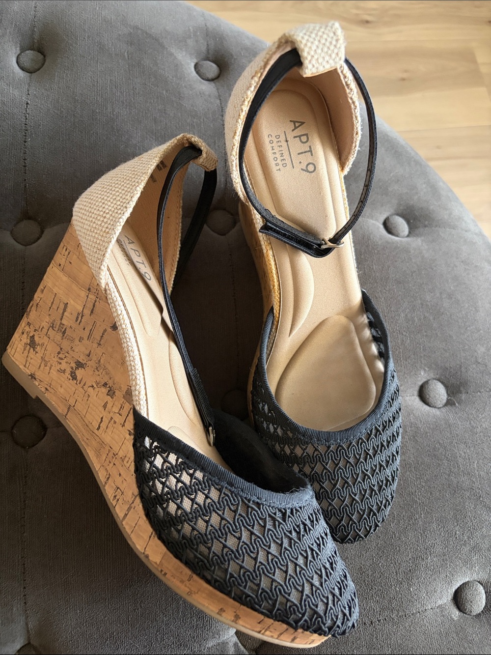Apt. 9 Black Woven and Tan Cork Wedge Sandals with Ankle Strap size 9.5
